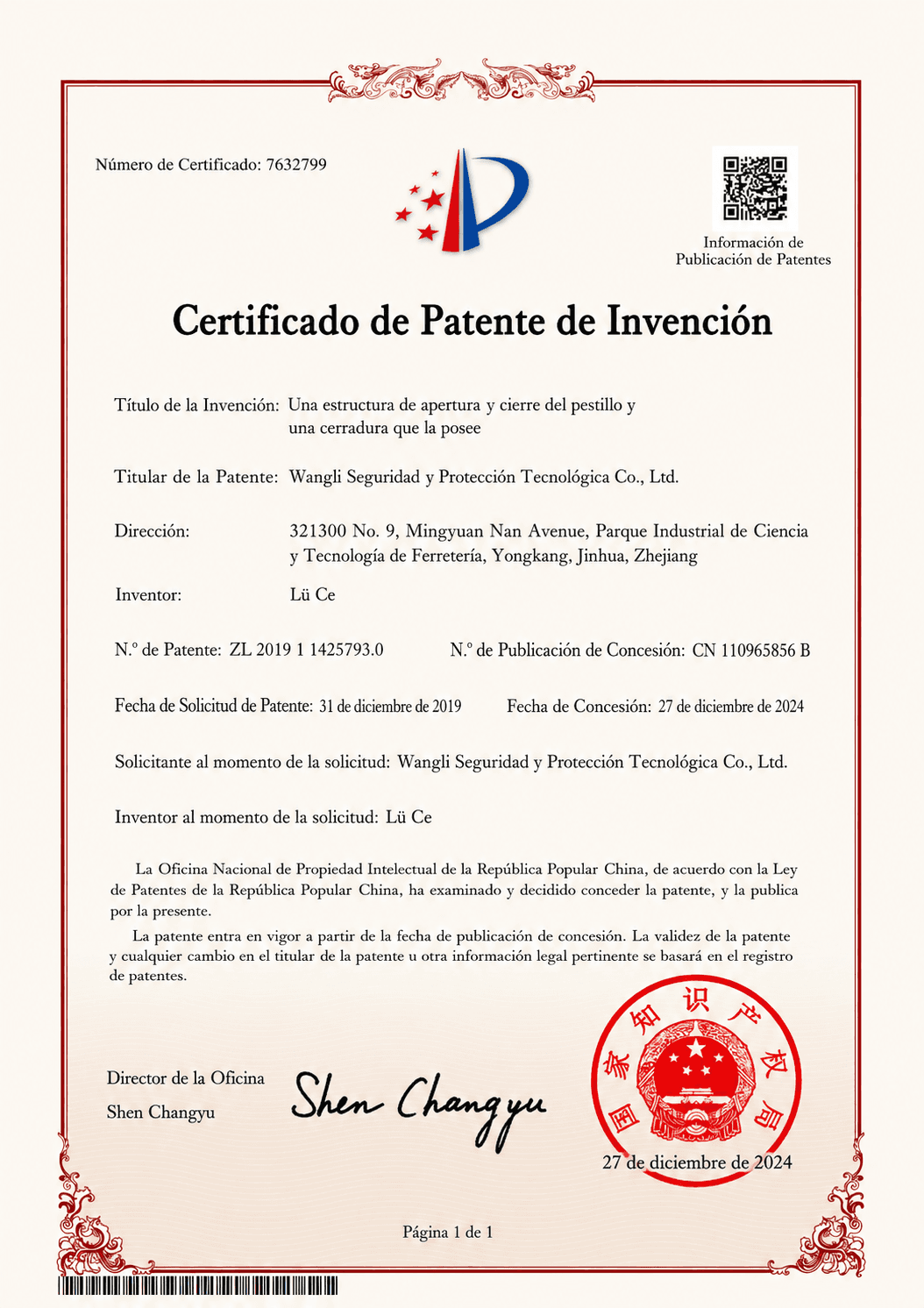 Patente de invención 1, traducción al español