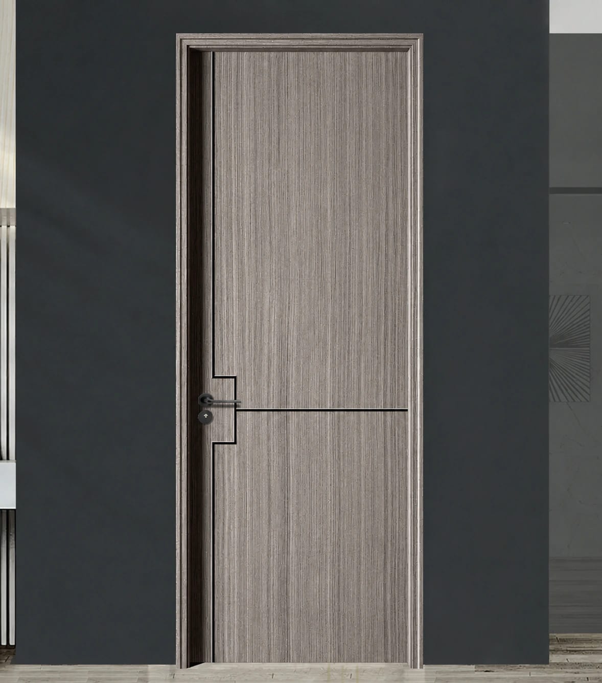 Inspiración de puerta de madera en un ambiente gris grafito